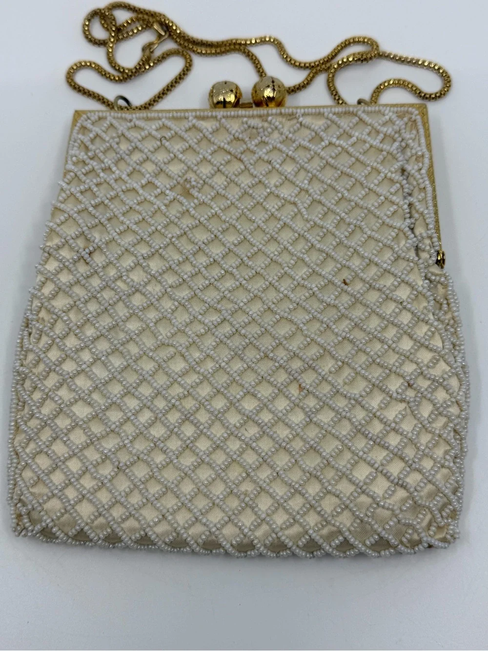 Walborg Ivory Beaded Satchel with Gold Frame and Chain